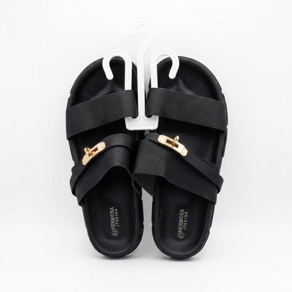 Sandália Slide Feminina com Tiras Cruzadas e Fivela Dourada - FREEMOSS