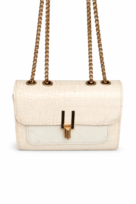 Bolsa Feminina Elegante Croco Off White com Corrente Dourada