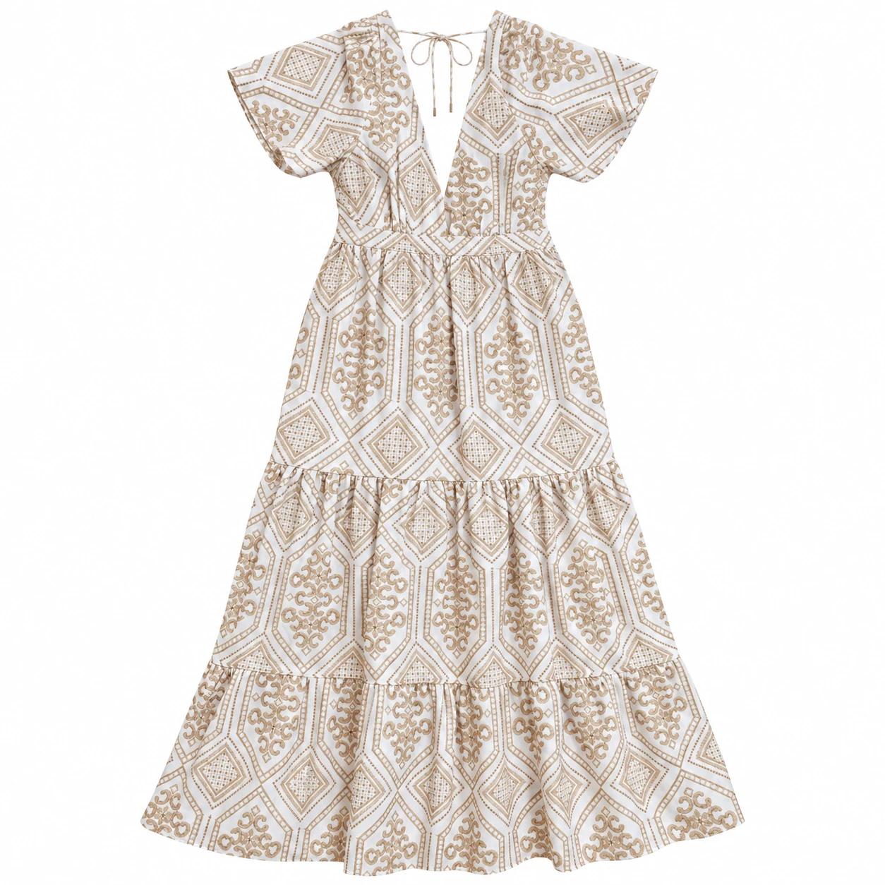 Vestido Feminino Longo Estampado Branco e Bege com Decote em V