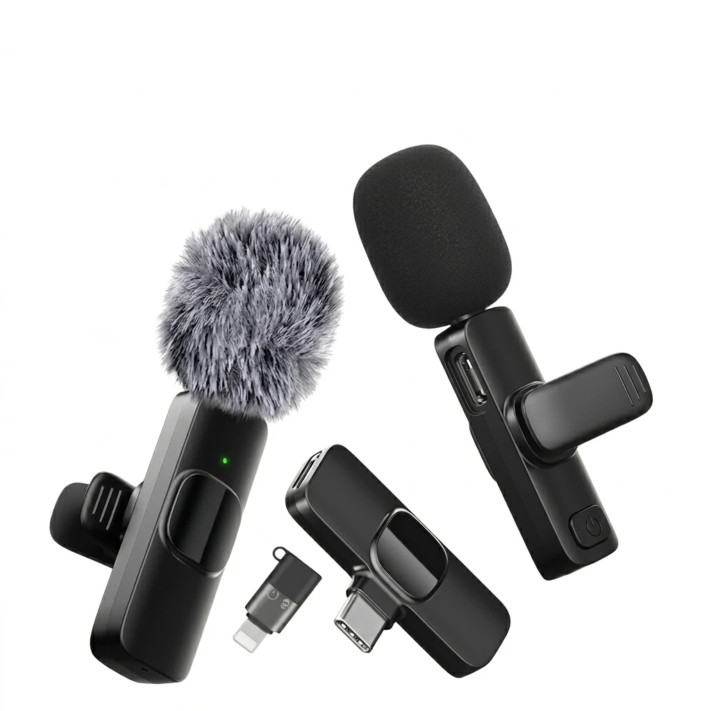 Microfone Sem Fio K9 Lavalier Duplo para iPhone e Android – Wireless 20m Plug & Play