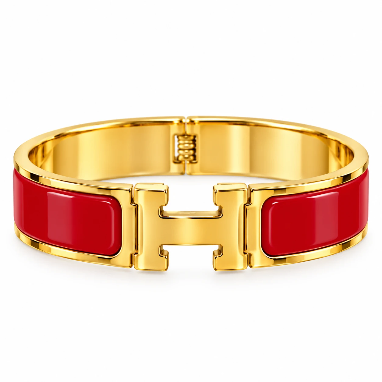 Pulseira Dourada com Detalhes Coloridos e Fecho Decorativo em H – Vermelho e Rosa