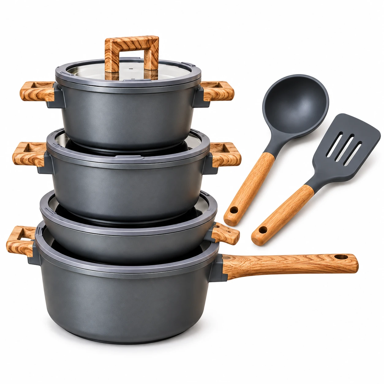 Conjunto de Panelas Antiaderentes 12 Peças com Utensílios – Cinza e Madeira