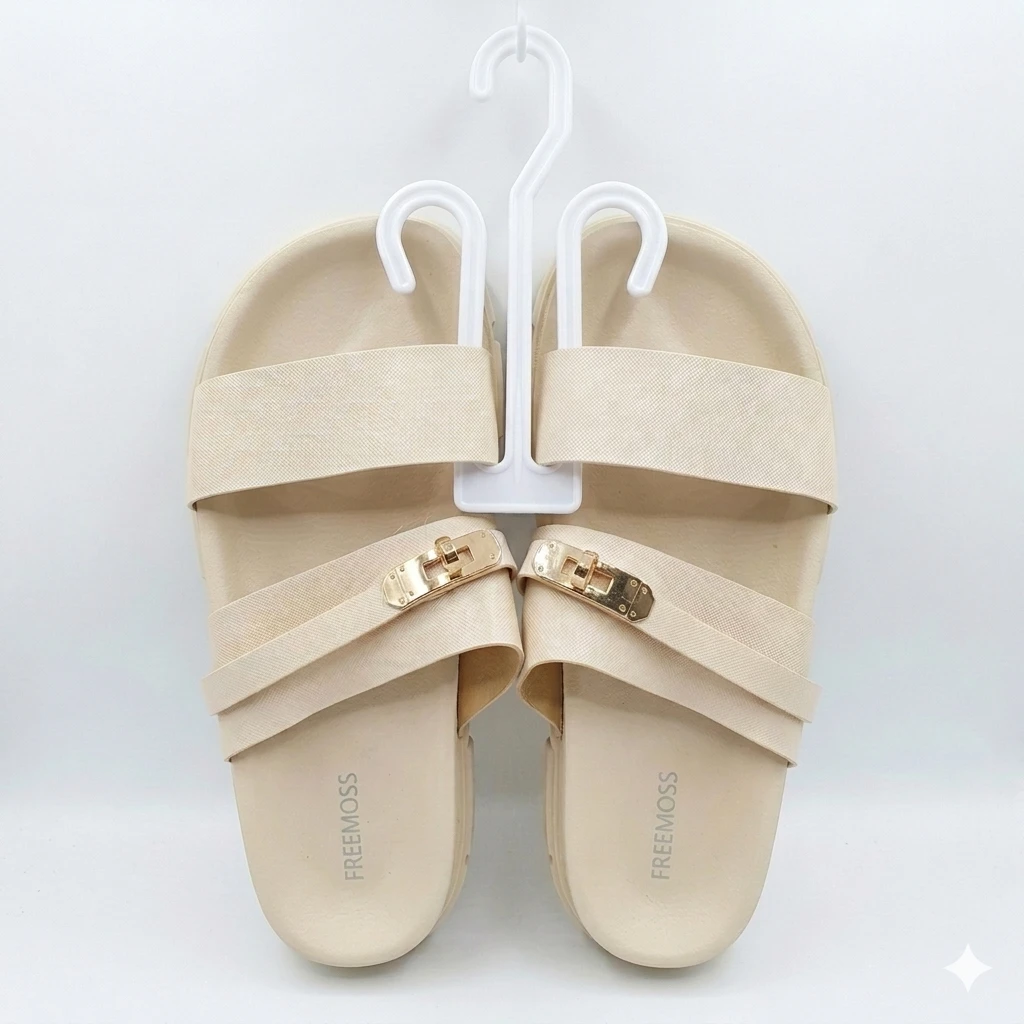 Sandália Slide Feminina com Tiras Cruzadas e Fivela Dourada - FREEMOSS