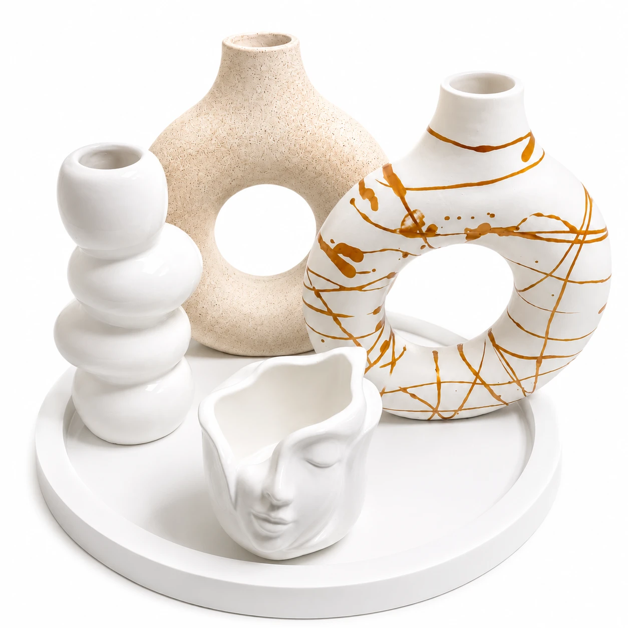 Conjunto Decorativo de Vasos Modernos em Cerâmica Branco e Bege – 4 Peças