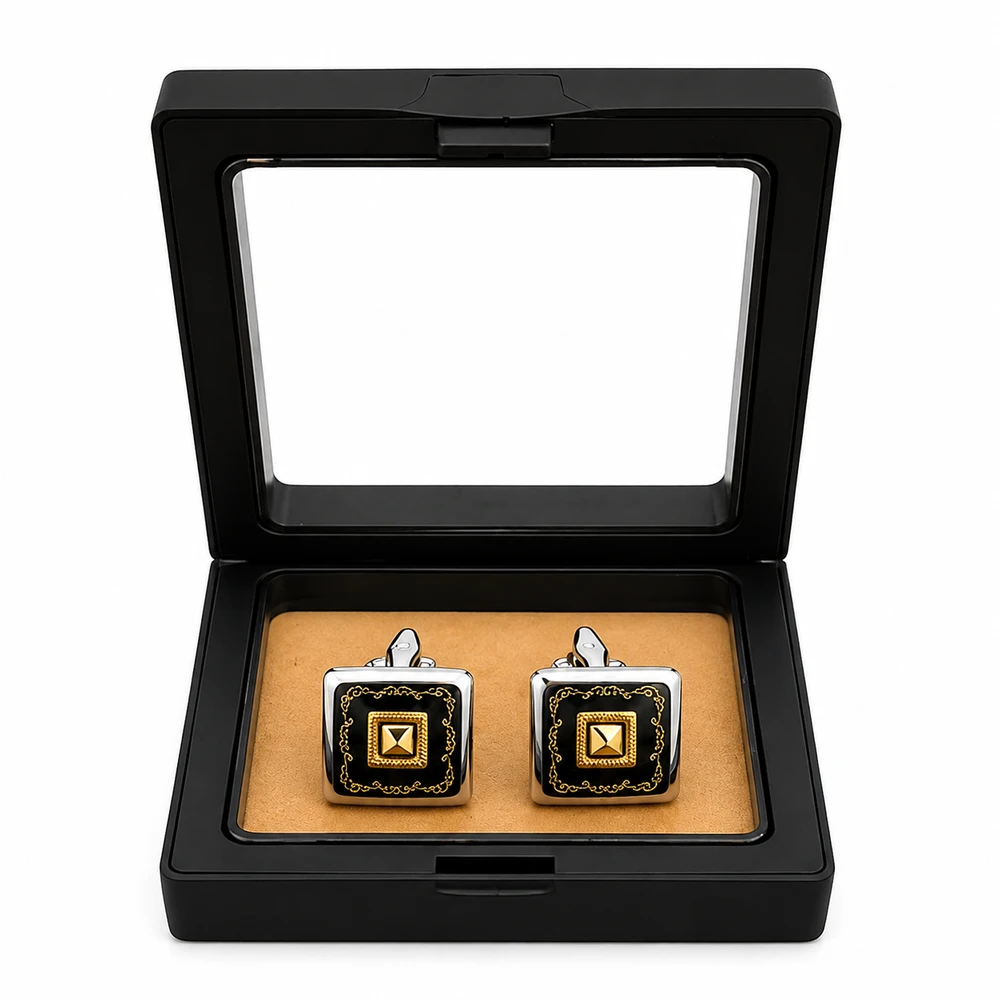 Botões de Punho Masculinos Quadrados Preto, Dourado e Prateado
