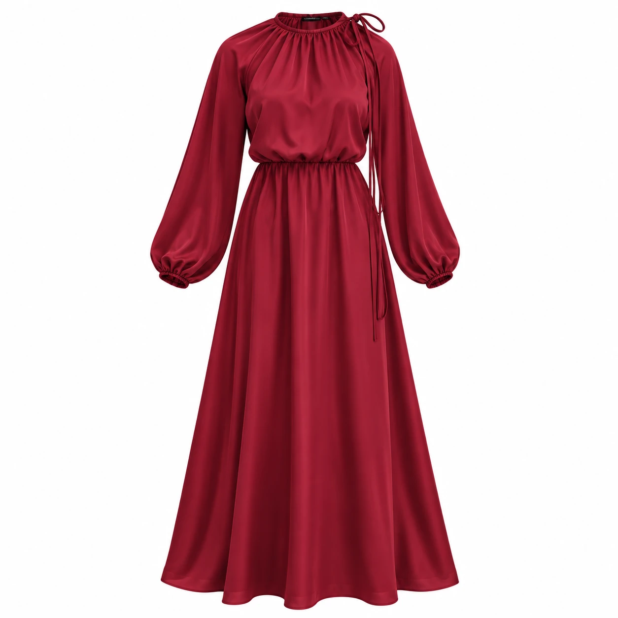 Vestido Feminino Longo Bordô Acetinado com Manga Comprida