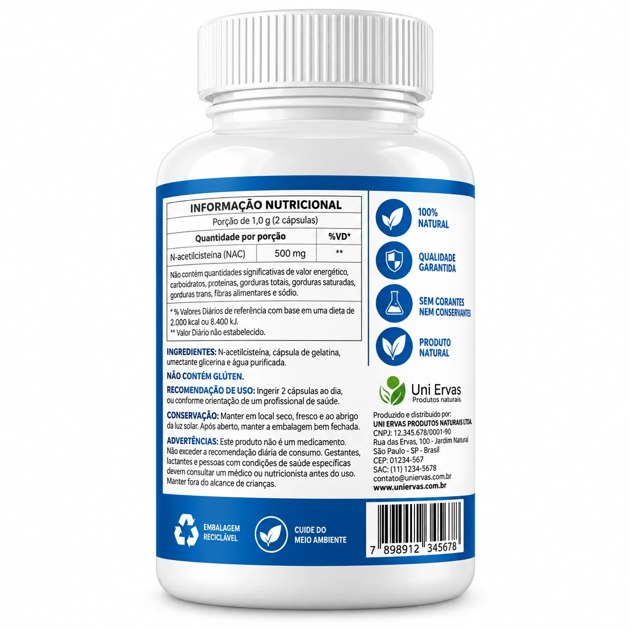 NAC N-Acetilcisteína Uni Ervas 500 mg – 60 Cápsulas