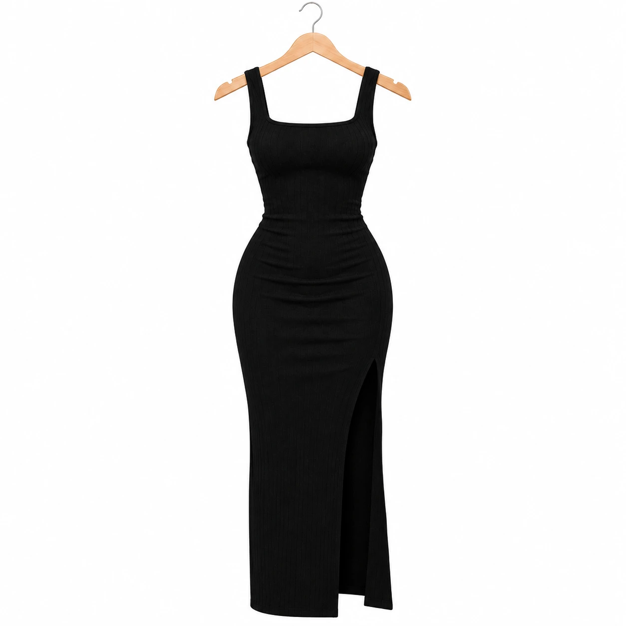Vestido Midi Feminino Preto Canelado com Fenda Lateral