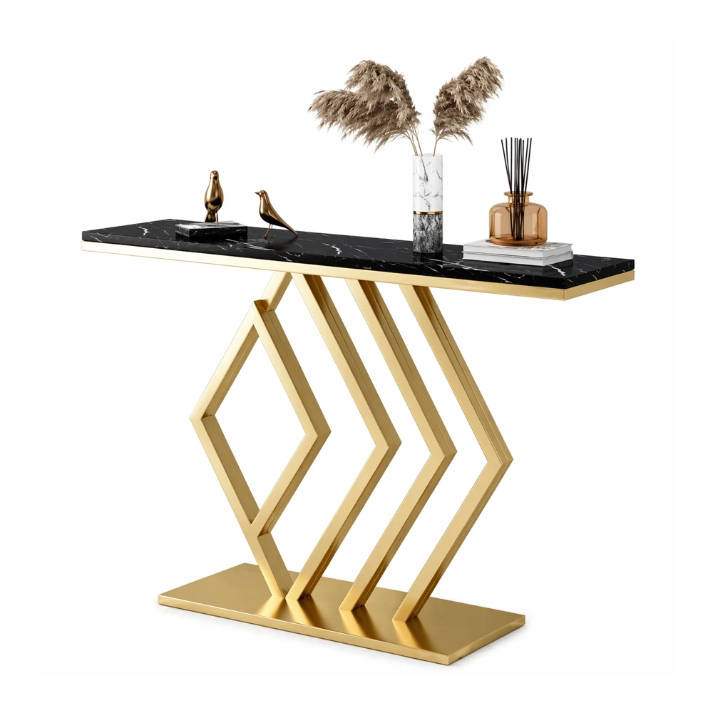 Aparador Console Luxo com Base Geométrica Dourada e Tampo Mármore Preto
