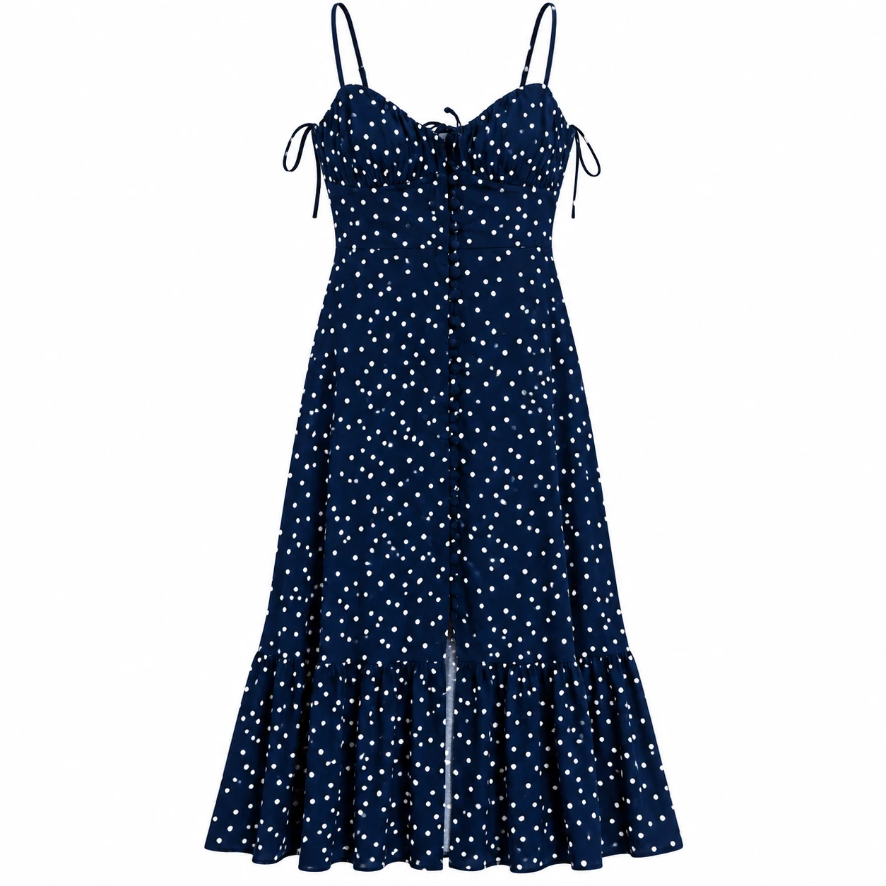 Vestido Feminino Longo Azul-Marinho com Bolinhas Brancas