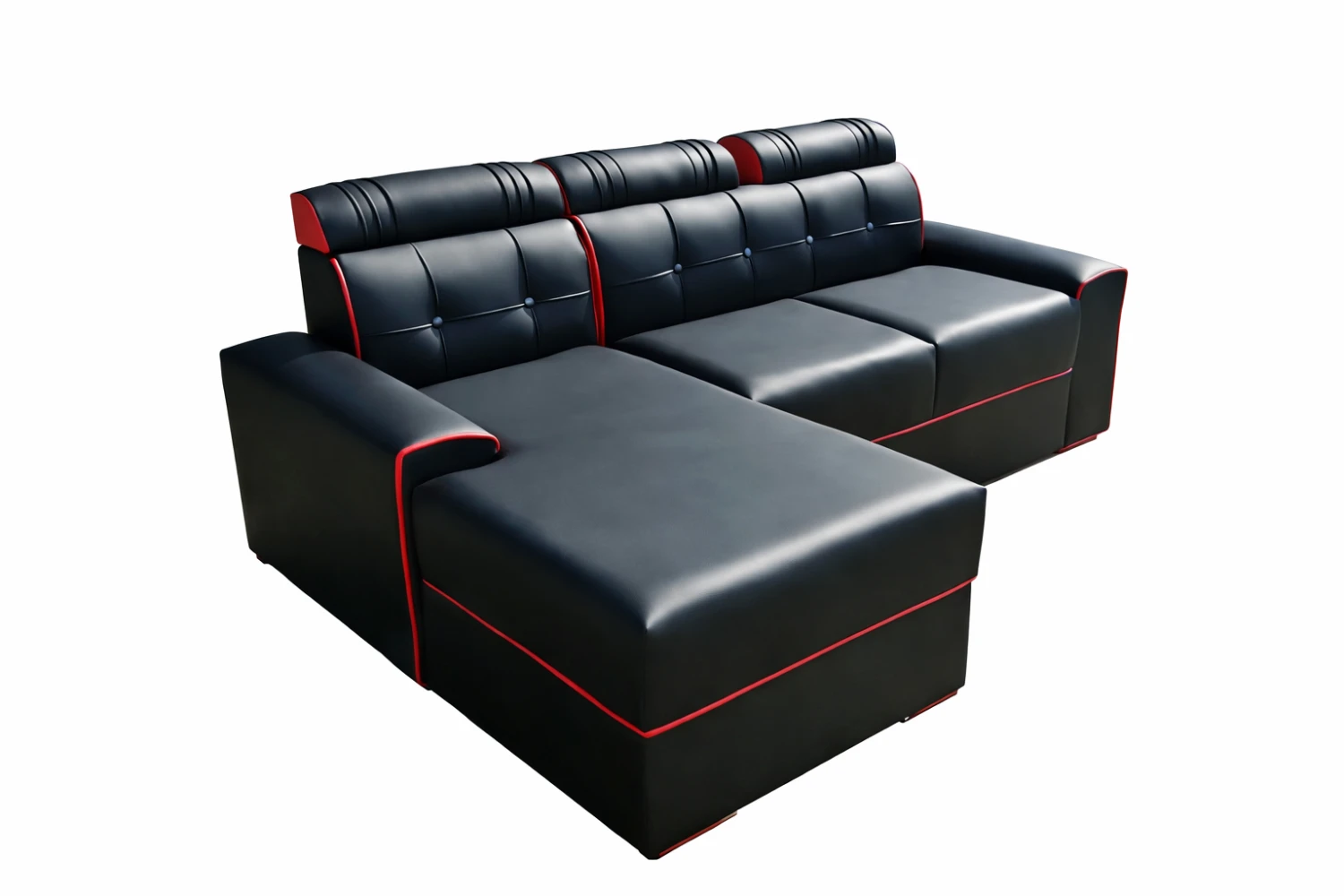 Sofá de Canto Moderno Preto com Detalhes Vermelhos – 4 Lugares com Chaise