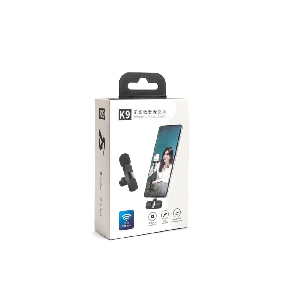 Microfone Sem Fio K9 Lavalier Duplo para iPhone e Android – Wireless 20m Plug & Play
