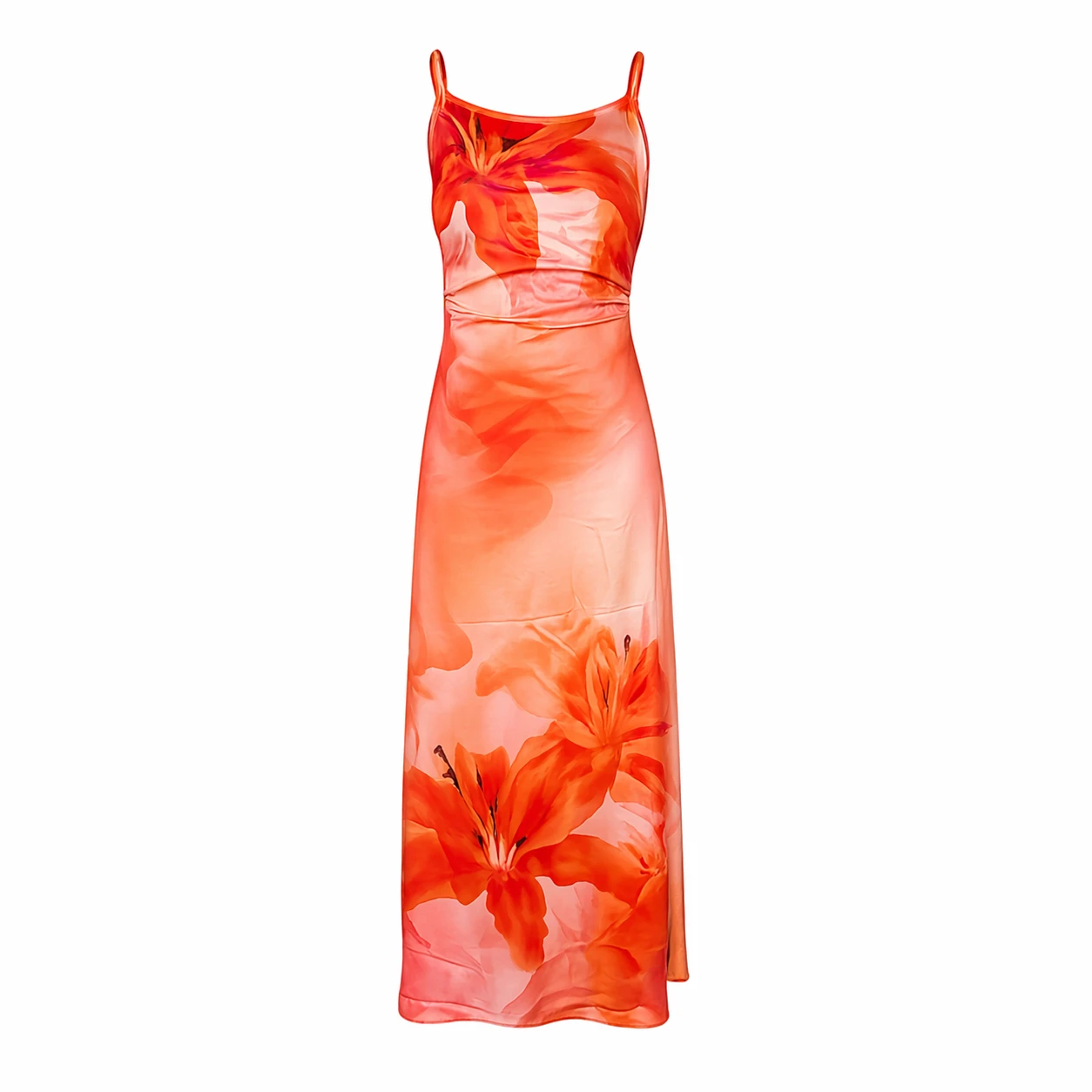 Vestido Midi Floral Laranja Elegante – Alças Finas & Estilo Verão Premium