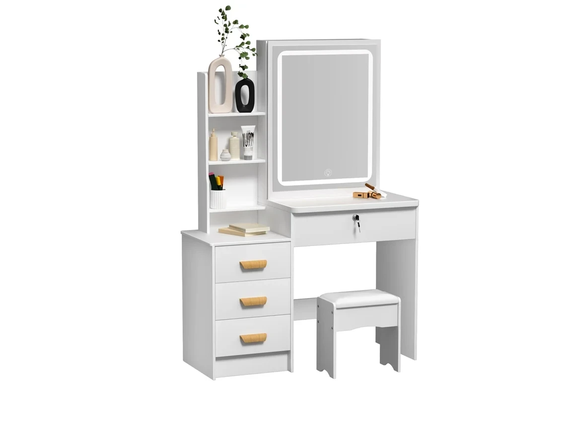 Penteadeira com Espelho LED Deslizante e Banco – Moderna com Gavetas e Arrumação