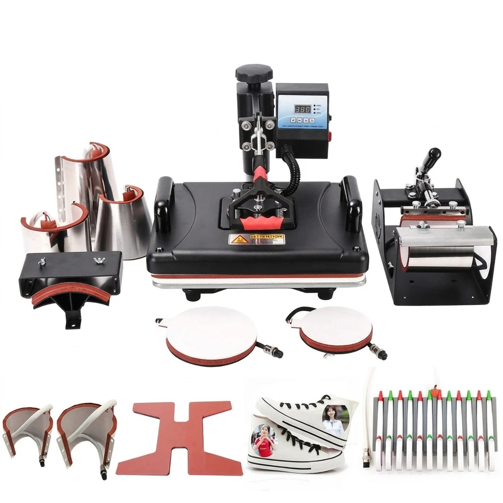 Prensa Térmica Multifuncional 10 em 1 para Sublimação – Máquina Profissional com Controlo Digital para T-Shirts, Canecas, Bonés e Muito Mais