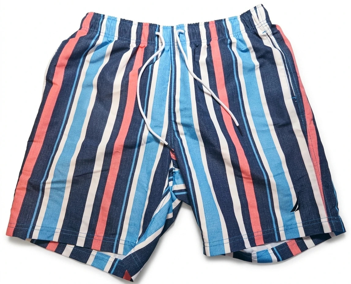 Calções Masculinos Listrados Multicolor Verão com Cintura Elástica