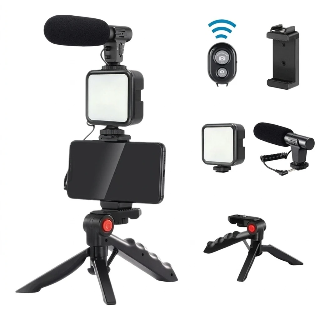 Kit de Vlogging Profissional para Smartphone com Microfone, Luz LED e Tripé