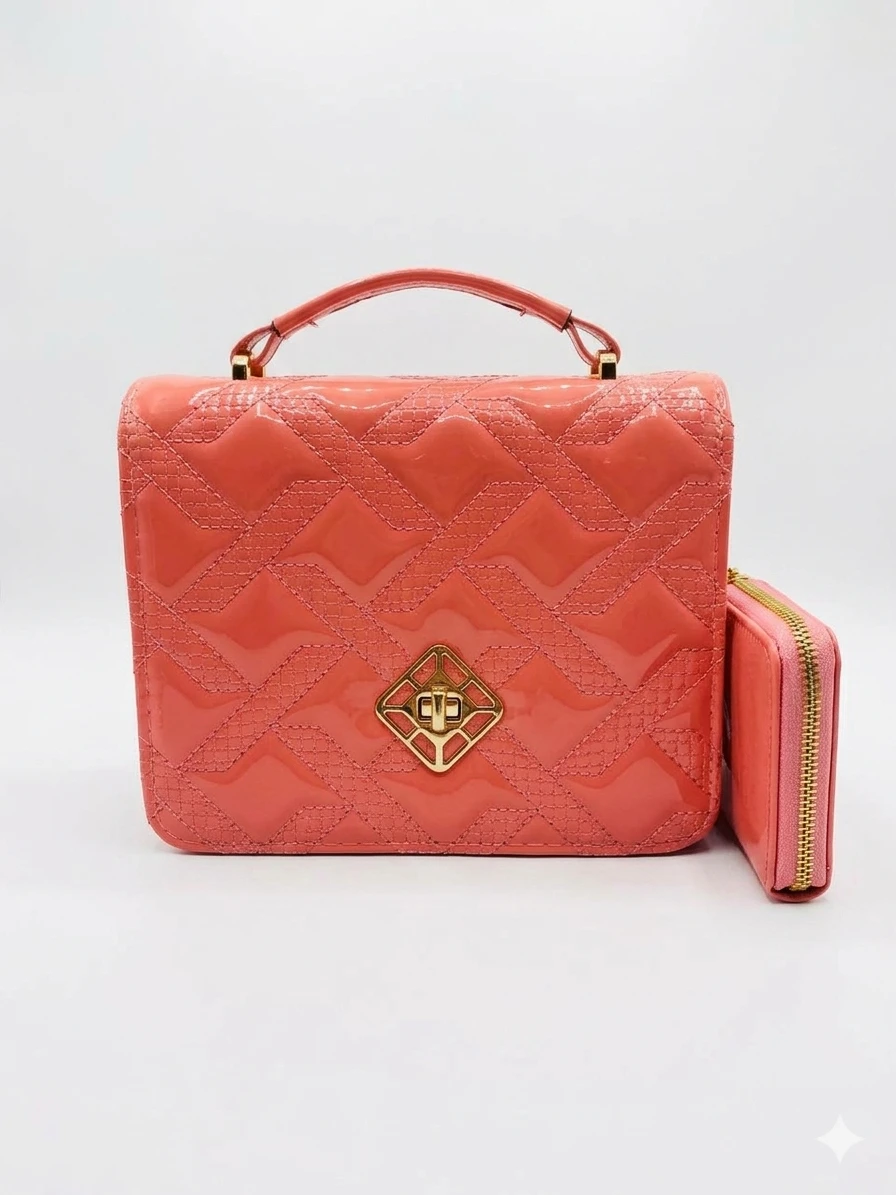 Bolsa Feminina Elegante Matelassê Coral com Carteira (Conjunto Premium)