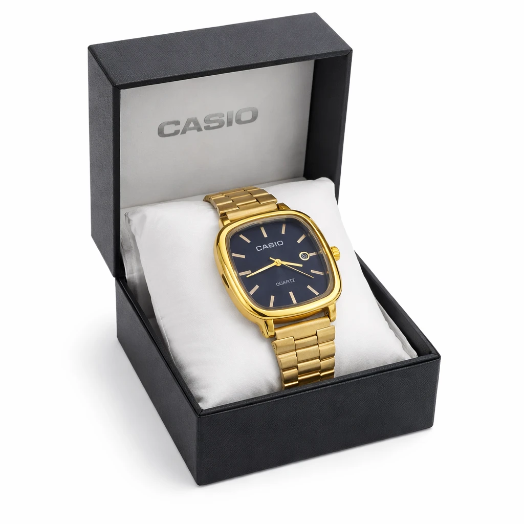 Relógio Casio Masculino Dourado com Mostrador Azul – Elegante e Clássico