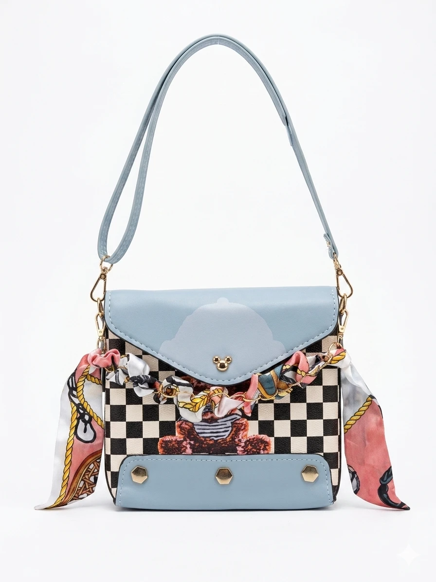 Bolsa Feminina Tiracolo Estampada Azul com Lenço Decorativo (Estilo Premium)