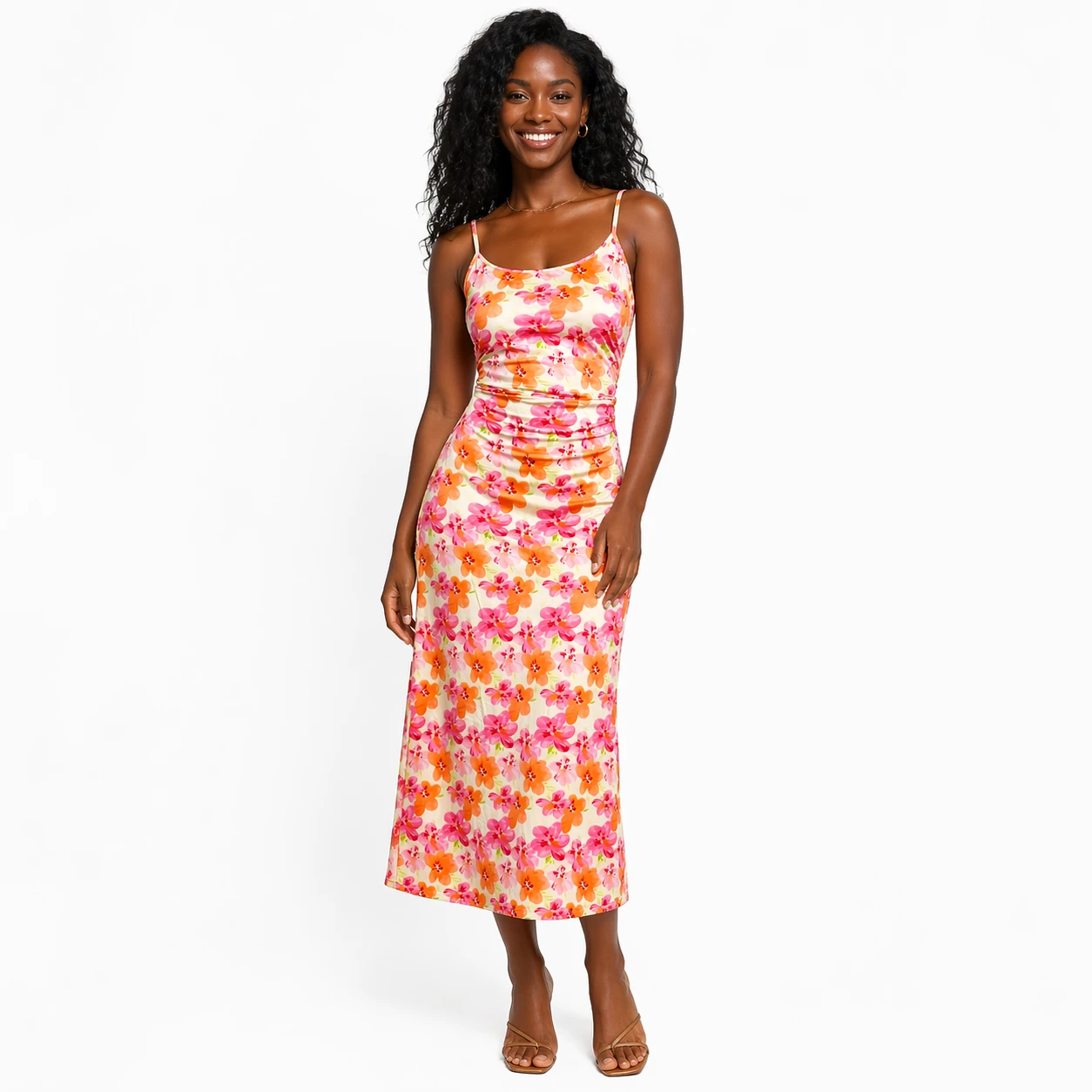 Vestido Midi Floral Ajustado Alças Finas – Elegância Verão