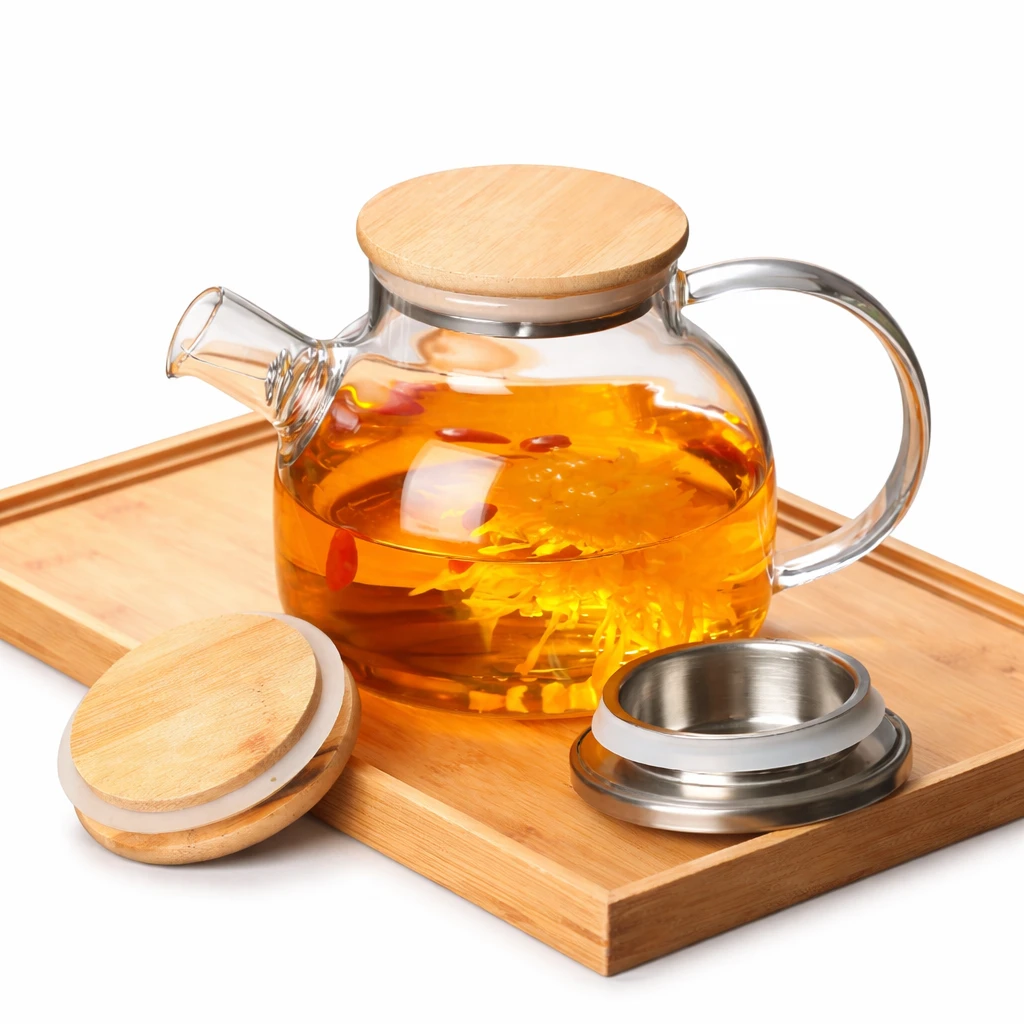 Chaleira de Vidro Elegante com Infusor em Inox e Tampa de Bambu