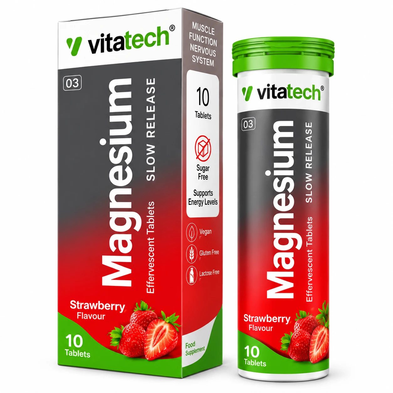 Vitatech Magnésio Efervescente Slow Release – Sabor Morango | 10 Comprimidos