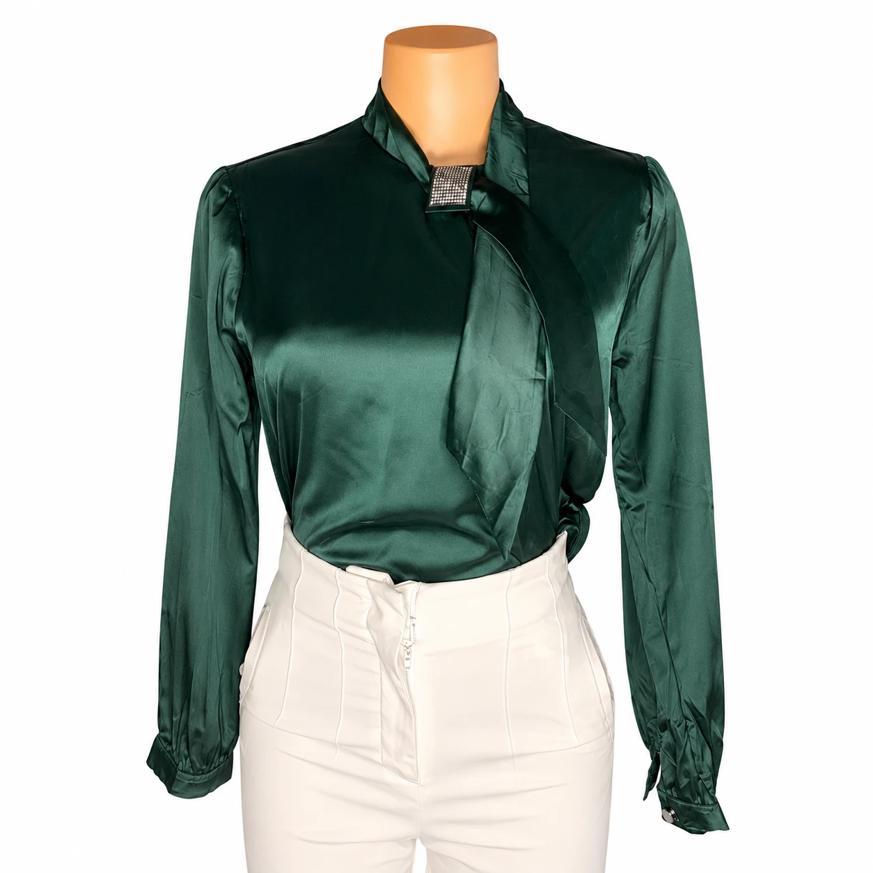 Blusa Feminina Verde Acetinada com Laço e Manga Comprida