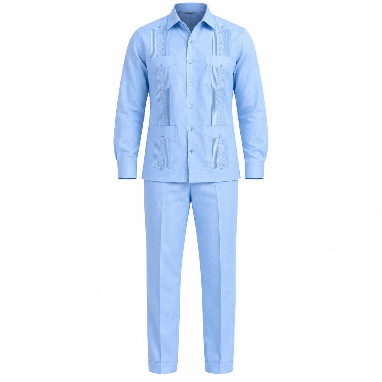 Conjunto Masculino Social Azul-Claro – Camisa Manga Comprida e Calça