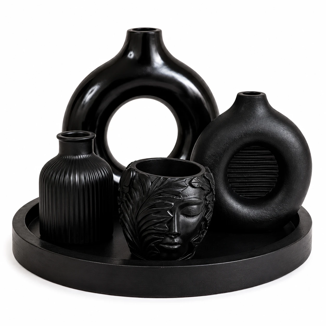 onjunto Decorativo de Vasos Pretos Modernos em Cerâmica – 4 Peças
