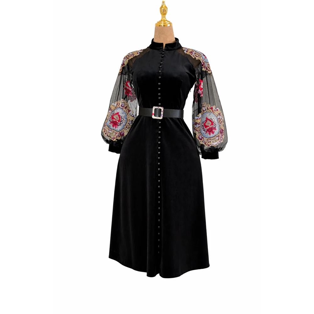 Vestido Midi  Elegante com Mangas Bordadas e Cinto