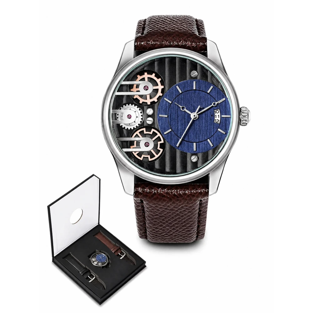 Relógio Masculino TOMI Gear Luxury com Pulseira em Couro + Caixa (2 em 1)