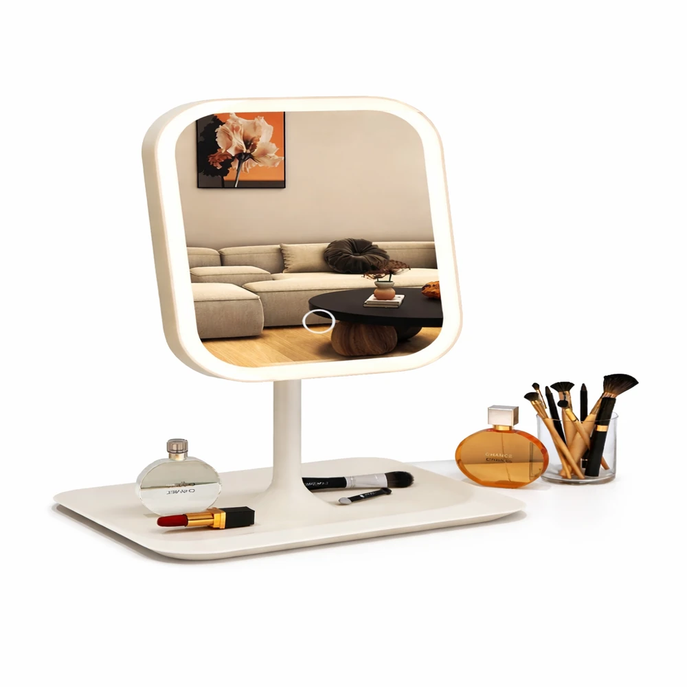 Espelho LED Portátil Recarregável com 3 Modos de Luz, Ajuste de Brilho e Rotação 360° – Espelho de Maquilhagem Compacto USB Tipo-C