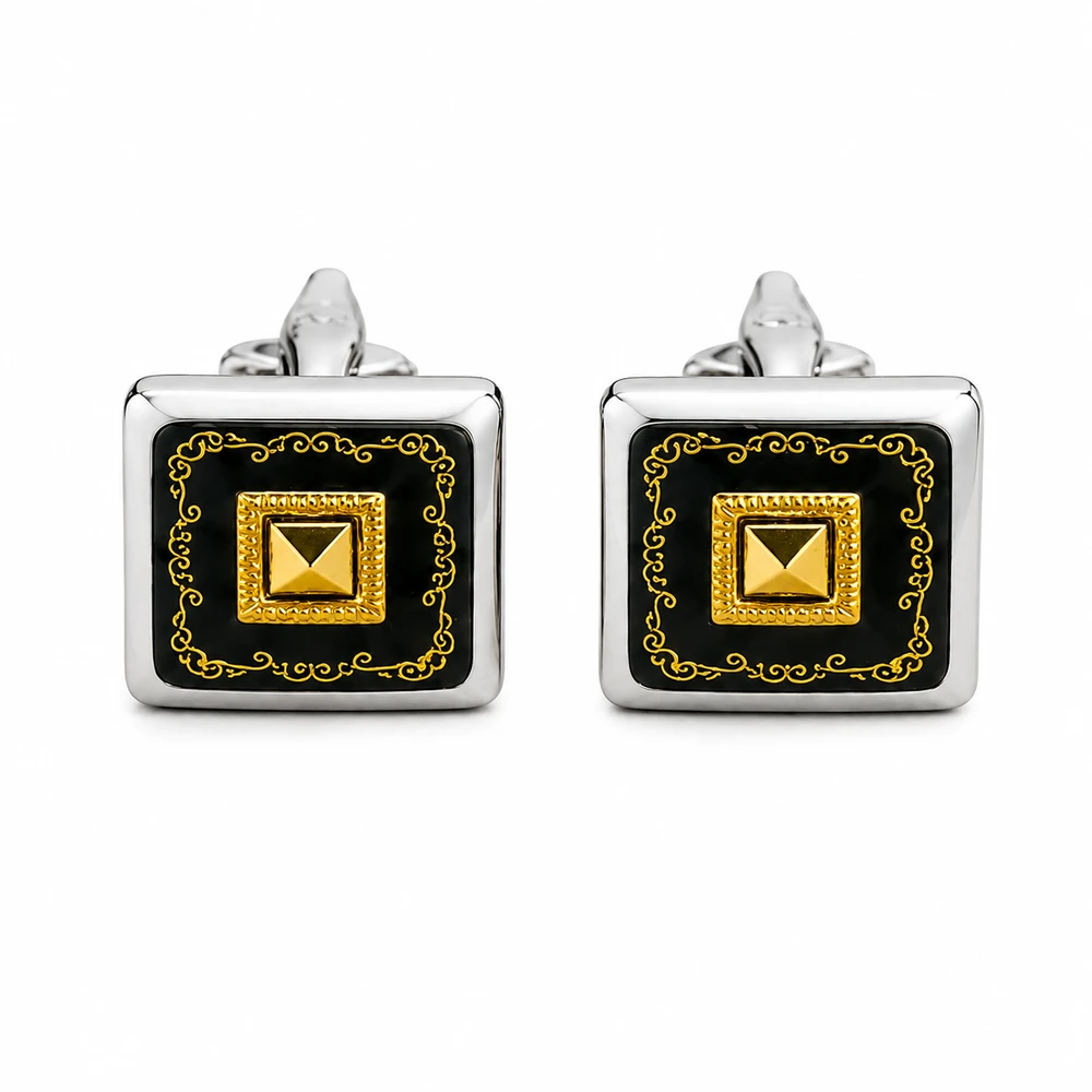 Botões de Punho Masculinos Quadrados Preto, Dourado e Prateado