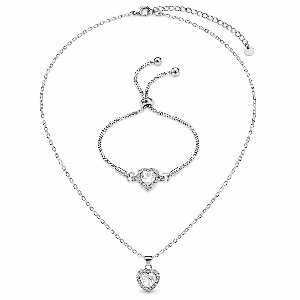 Conjunto Feminino de Colar e Pulseira com Coração de Zircão – Rosa e Prata