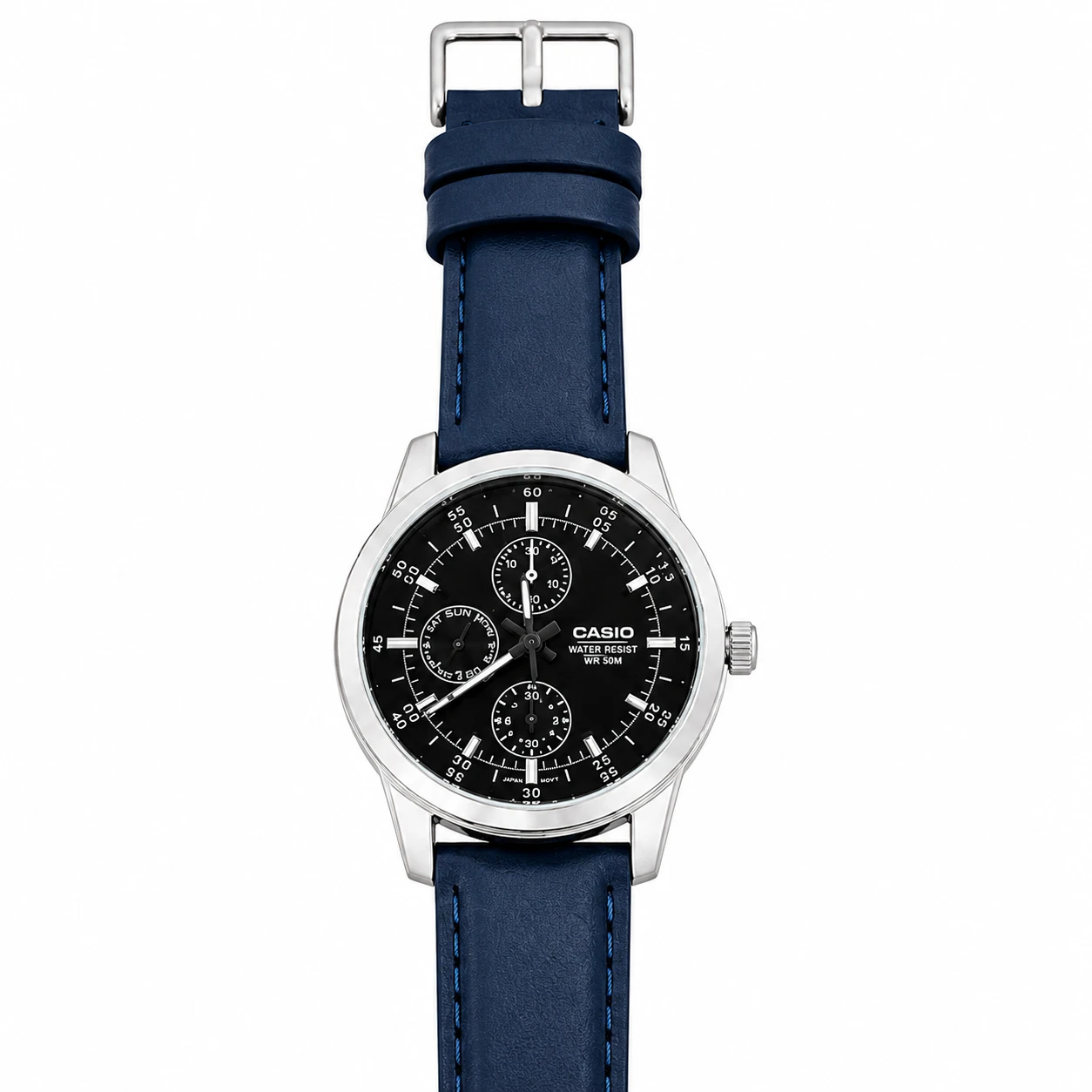 Relógio Casio Prata e Azul com Pulseira em Couro