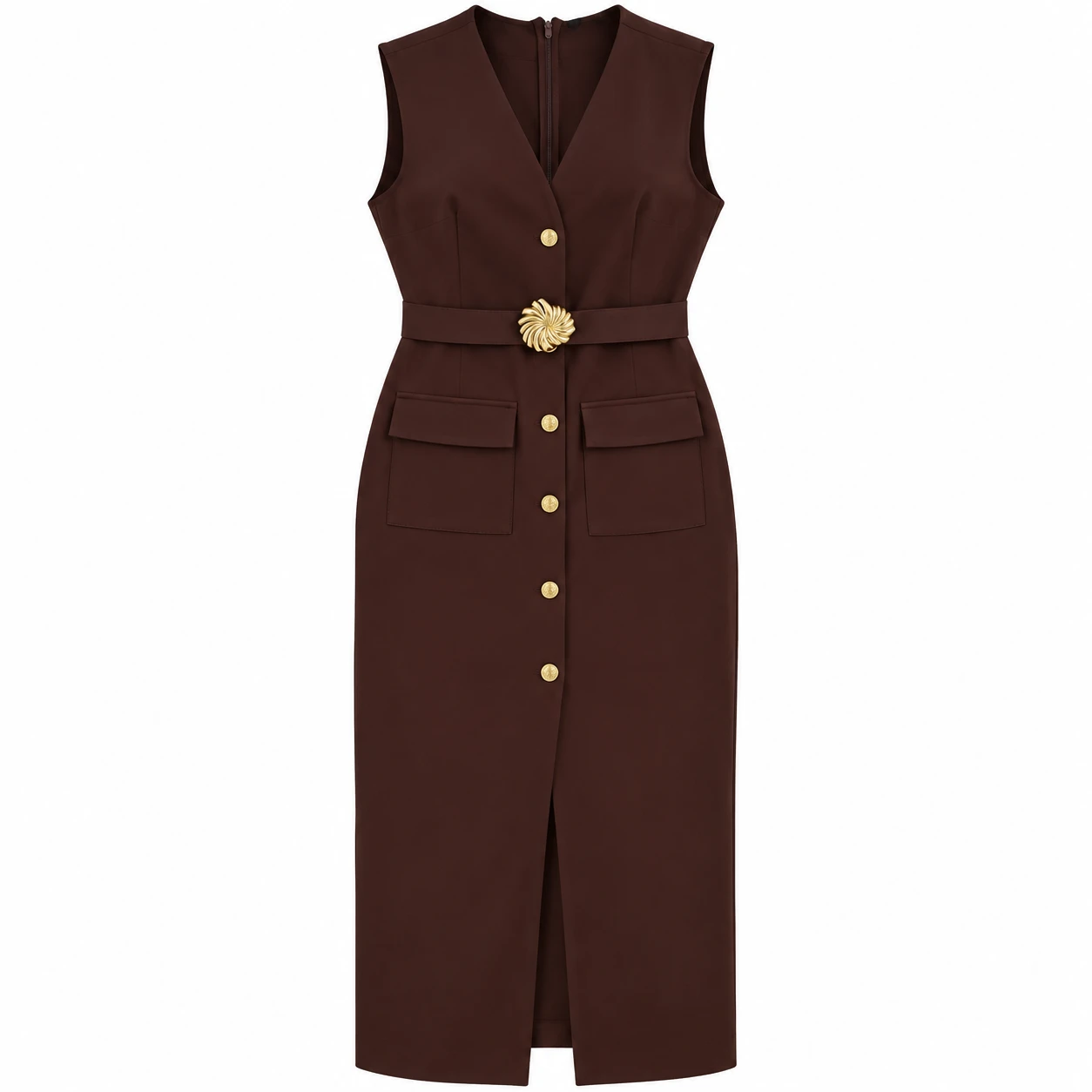 Vestido Feminino Longo Castanho com Cinto e Botões Dourados